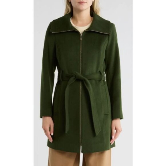Michael Kors Womens Green Full Zip Belted Wool Blend Mid Length Coat Sz M New - Picture 1 of 10